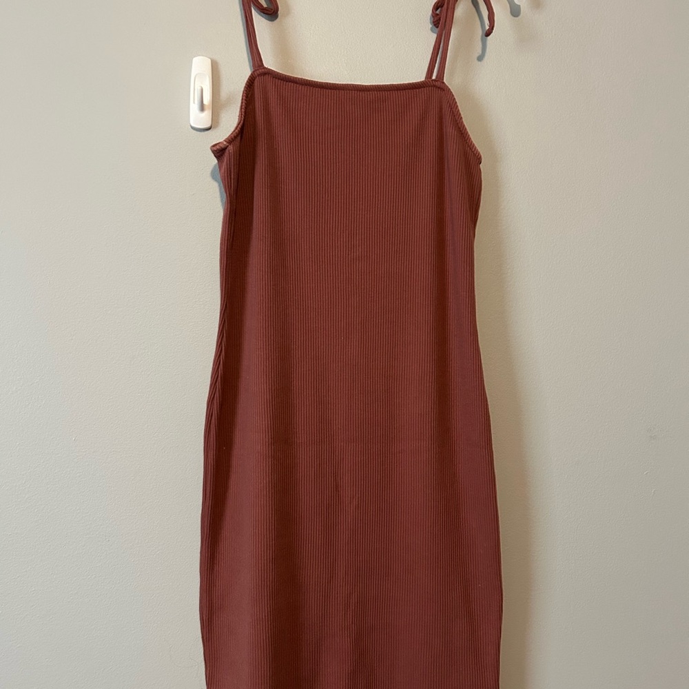 Wild Fable Ribbed Mid-Length Dress in Rusty Maroon Tie Straps